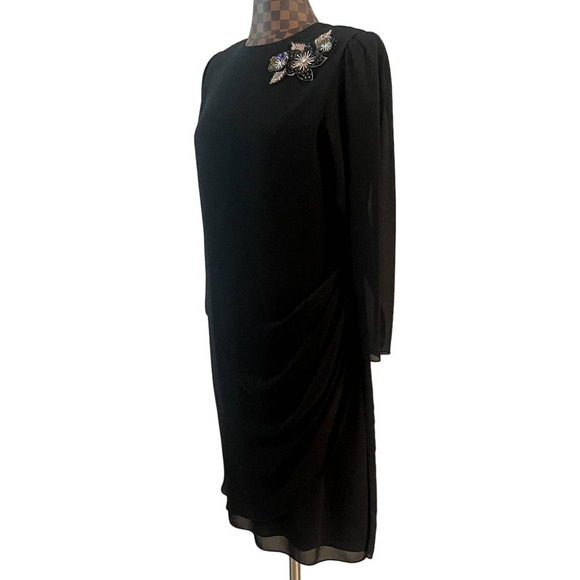 Ursula of Switzerland Black Shift Dress Sz 12 Sequin Flower Sheer Sleeve Formal - Picture 3 of 13